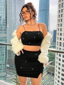 SHEIN EZwear 2PCS Plus Size Glitter Detail Crop Top And High Slit Fitted Skirt Set