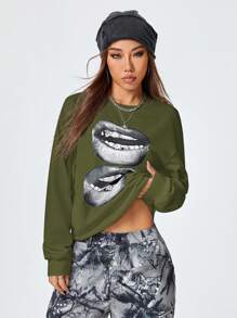 SHEIN EZwear 女式 Y2K 街头休闲图案宽松套头衫 - 軍綠色 - 查看 2