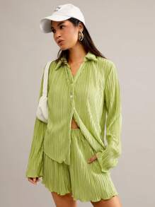 SHEIN Essnce Ladies' Solid Color Pleated Two-Piece Set - Green - View 7