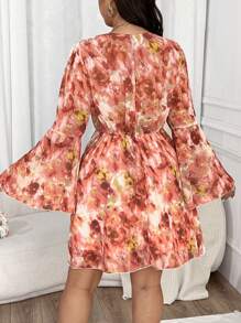 Flirla Plus Size Women Printed Chiffon Flare Sleeve Dress - Multicolor - View 2