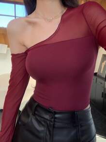 DAZY 女士时尚不对称领口网眼拼接衬衫，适合秋季夏季透明长袖上衣