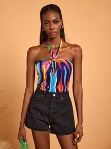 Abeille Creations Designer Boho Bohemian Women's Multicolor Abstract Art Print Halter Neck Lace-Up Vacation Bodysuit, For Going Out, Spring, Beach, Festival, Ibiza Fits