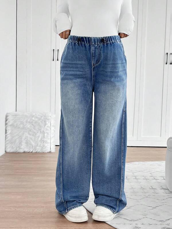 SHEIN Maternity Drawstring Waist Adjustable Vintage Blue Loose Straight Jeans
