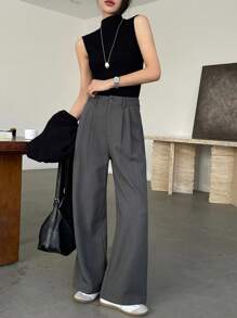 DAZY Women's Solid Color Front Button Pocket Casual Pleated Loose Suit Pants,Women Dress Pants