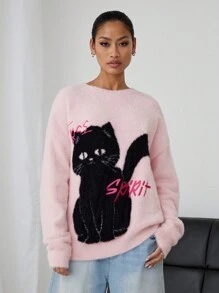 Manfinity VCAY Jersey holgado suéter de cuello redondo con gráfico de gato negro unisex, adecuado para otoño e invierno - Rosa - Ver 3