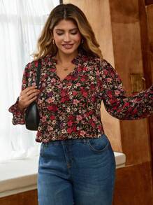 Elaquor Blusa de manga larga con cuello en V y estampado floral para mujer talla grande