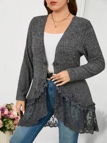 SHEIN Clasi Plus Size Women Front Button Long Sleeve Lace Trim Casual Blouse