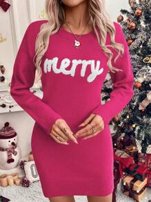 SHEIN LUNE Gaun Sweater Rajut Warna Polos untuk Wanita, Sederhana & Modis untuk Pakaian Kasual Sehari-hari - Merah - View 5