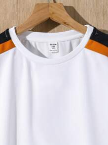 SHEIN 2pcs/Set Tween Boys' White Summer Casual Vacation Outfit,Loose Color Block Round Neck T-Shirt And Pants Set For Schooling,Daily Sports,Spring&Summer - White - View 7