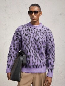 AKNOTIC Business Casual Herren lässiger, weiter Leoparden-Muster Rundhals-Pullover mit Langarm, für Herbst und Winter