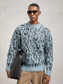 AKNOTIC Business Casual Áo len dệt kim tay dài cổ tròn họa tiết da báo rộng rãi cho nam, dành cho mùa thu đông - Màu xanh lam - Xem 8