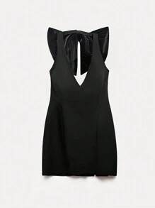 SHEIN EZwear 女士纯色蝴蝶结装饰简约迷你连衣裙 - 黑色 - 查看 2