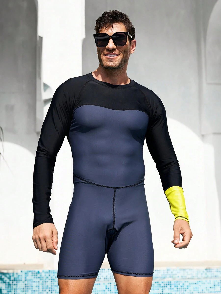 Surfspeed Men's Color Block Crew Neck Long Sleeve Casual Jumpsuit Shorts