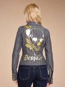 ROMWE Grunge Punk Y2K Harajuku Baddie Skeleton Slogan Foil Print Striped V-Neck Cinched Shirt - Black - View 4