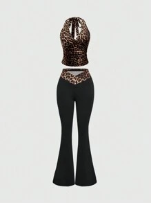 ROMWE Grunge Punk Y2K Leopard Print Halter Neck Top For Women, School - Multicolor - View 4