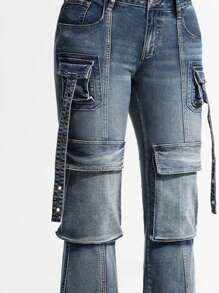 SHEIN ICON 女式复古低腰工装喇叭牛仔裤，街头风格紧身喇叭牛仔裤 - 中等水洗藍 - 查看 5