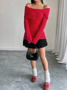 SHEIN EZwear Women's Red Off Shoulder Fitted Sweater For New Year - Red - View 4