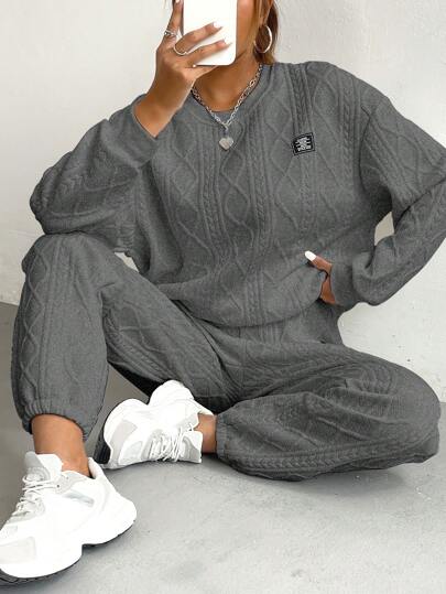 SHEIN Women's Simple Dark Grey Long Sleeve Sweatshirt And Pants 2 Pieces Outfit Set