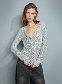 Maija Blouse de fête à col bénitier, manches longues côtelées, à paillettes argentées brillantes pour femme, Saint-Valentin, festival