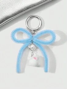 ROMWE Kawaii 2pcs Ins Style Cute & Delicate Fashion Highly Attractive Pink + Blue Flocked Twist Bow Bunny Pendant Keychain & Keyring, Combo Set Suitable For Sisters, BFFs, Couples, Friends, Daily Wear, Holiday Gift