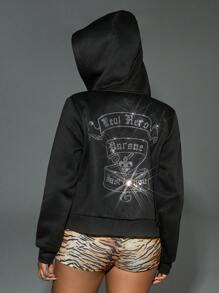 SHEIN EZwear 女士 Y2K 约会之夜舒适拉链摇滚复兴钻石迷你怪物连帽衫，带羊毛 - 黑色 - 查看 3