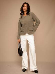 Forever 21 Women Solid Color Front Zipper Long Sleeve Minimalist Top, Casual Everyday Wear - Camel - View 4