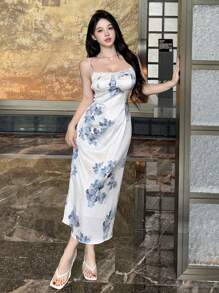 DAZY Robe mi-longue à bretelles fines imprimée florale pour femmes - Bleu azur - Voir 4