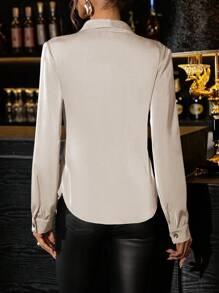 SHEIN Clasi Camisa de manga larga elegante para mujer de color vino tinto con cintura con lazo para otoño/invierno - Albaricoque - Ver 2