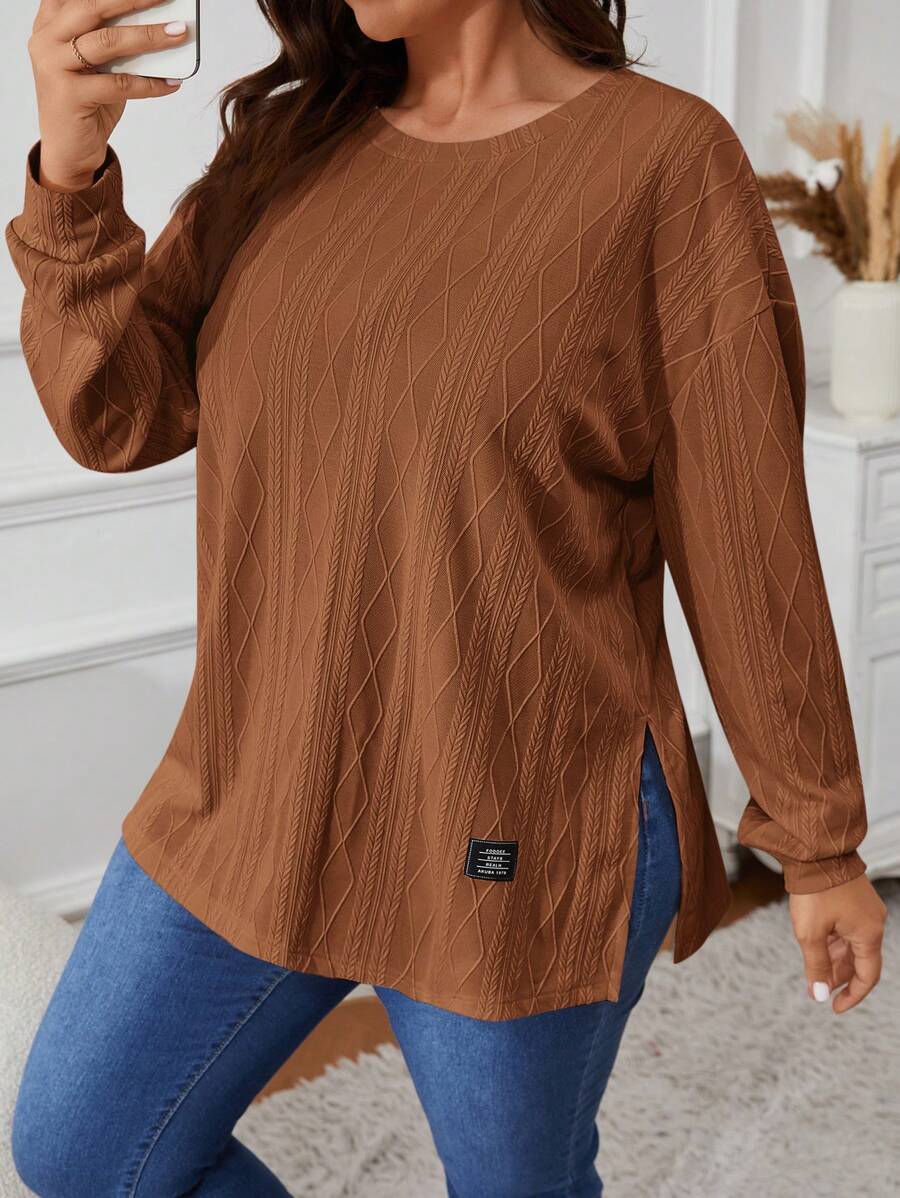 SHEIN VCAY T-shirt texturé à applique de lettre couleur unie, fente latérale, décontracté, grande taille, automne