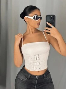 SHEIN ICON 女士休闲牛仔吊带背心，纯色简约风格，日常穿着 - 杏色 - 查看 3