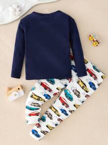 SHEIN 2pcs Comfortable Cartoon Car Print Turtleneck Long Sleeve Pajamas Set For Young Boys, Casual And Stretchy Home Outfit - Navy Blue - View 2