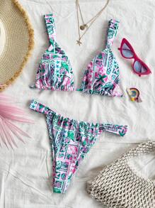 Soleia Women's Colorful Starfish And Shell Patchwork Print V-Neck Patchwork Bowknot Decorated Bandage Bikini 2 Pieces Swimwear, Vacation Style, Tropical Island Vacation, Hawaii Resort Style, Swim Suits For Women, Vacation Outfit Women, Summer Outfits For Women, Beach Outfits For Women - Multicolor - View 7