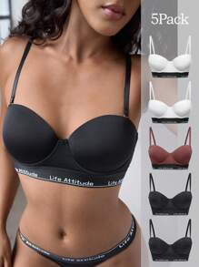 EasyFave 5pcs Women's Non-Removable Padded Underwire Bras, 1/2 Cup - Multicolor - View 1