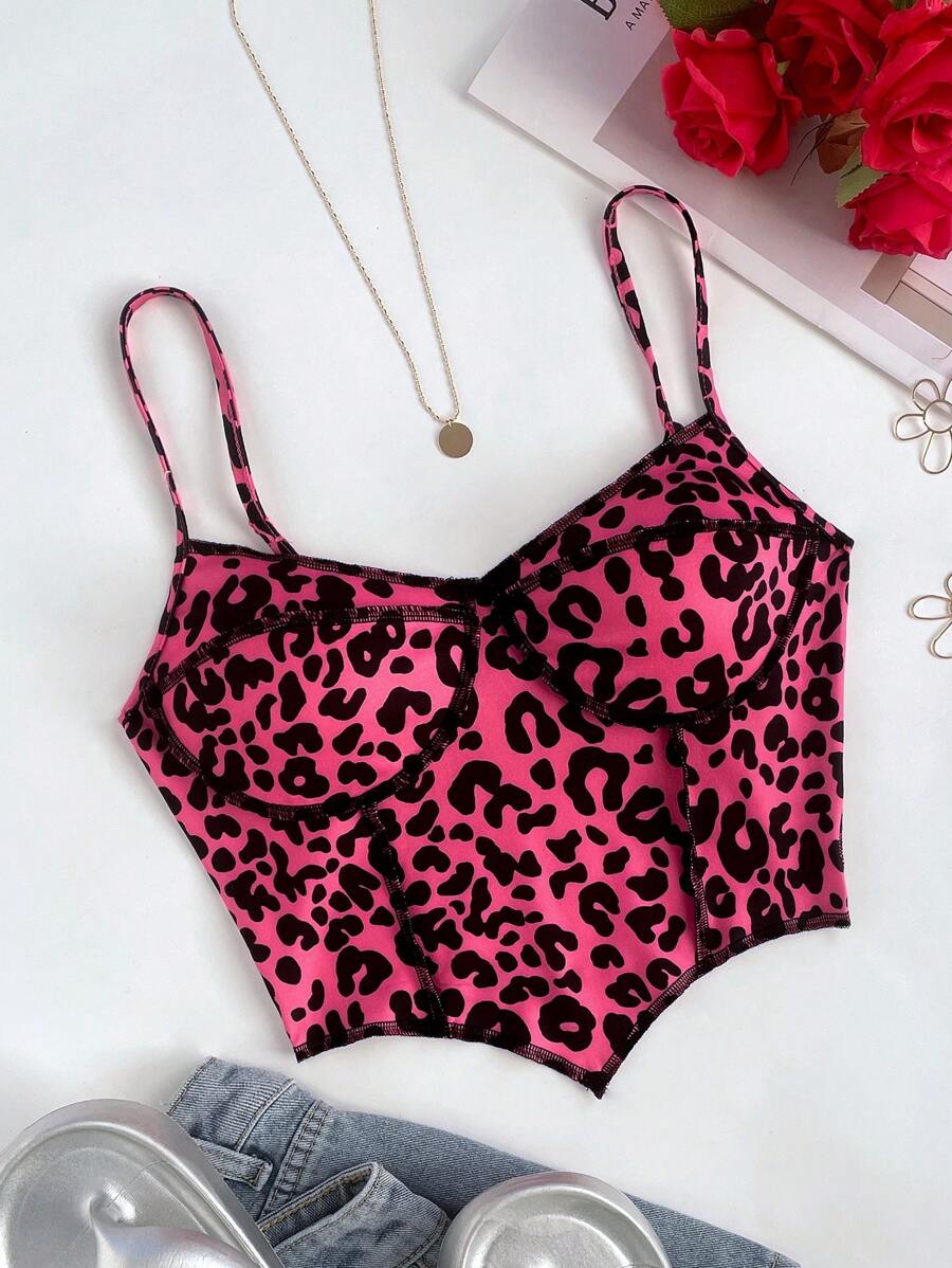 SHEIN EZwear Women Leopard Print Knit Camisole Tank Top - Hot Pink - View 1