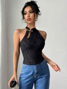 Firerie 节日新款优雅别致性感派对新年风格中式金属纽扣装饰黑色植绒花卉立领镂空镂空腰部露背背心，适合春夏季和情人节