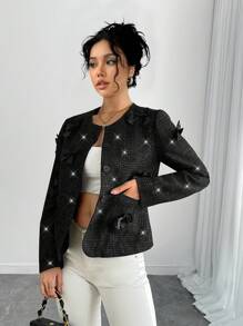 SHEIN Unity 女士蝴蝶结装饰闪亮口袋优雅夹克，长袖，适合秋冬季 - 黑色 - 查看 3