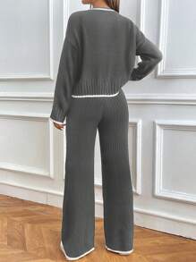 SHEIN PETITE 2pcs Women Colorblock Trim Round Neck Long Sleeve Top And Pants Set - Grey - View 2