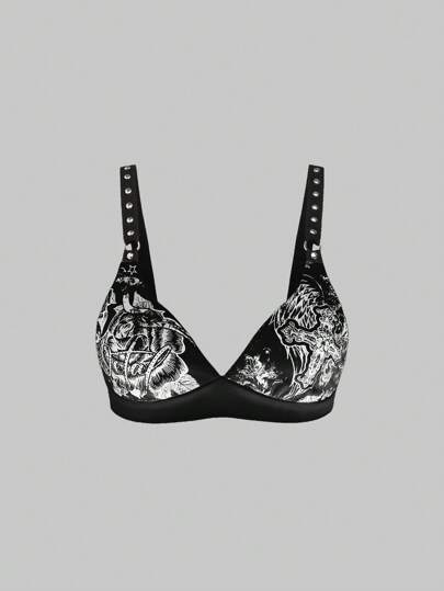 Grunge Punk Top corto estilo festival de música, sexy, con calavera, cruz y rosa, con tirantes cruzados y remaches para mujeres