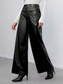 SHEIN Tall Women's Retro Leather Trousers Suitable For Autumn And Winter - Black - View 1