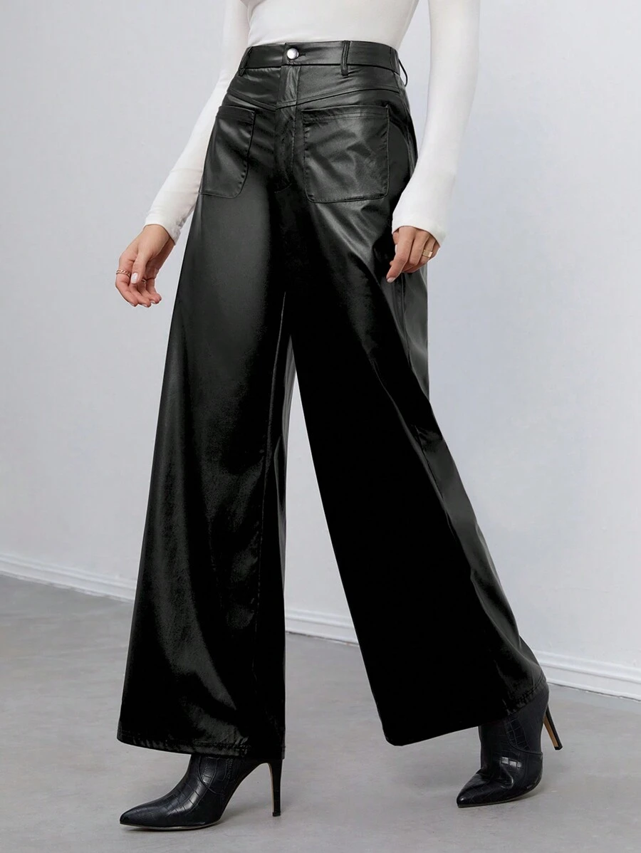 SHEIN Tall Women's Retro Leather Trousers Suitable For Autumn And Winter - Black - View 1