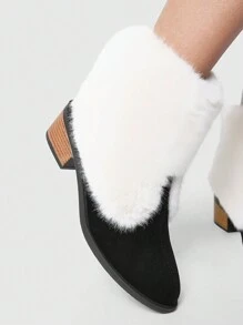 ROMWE Goth European & American Style White Fuzzy Boots, Side Zipper Pointed Toe Western Boots, Furry Boots, Ladies Ankle Boots And Short Boots