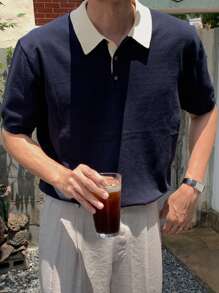 DAZY Men's Contrast Color Collar Patchwork Office Formal Knit Sweater