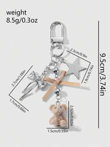 ROMWE Kawaii 1 件韩式精致时尚优质银链水钻蝴蝶结星形绒毛泰迪熊吊坠钥匙扣，适合女性、日常佩戴和节日礼物 - 卡其色 - 查看 7