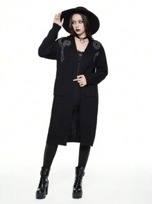 ROMWE Gothic Snake And Floral Embroidered Long Cardigan, Casual - Black - View 3