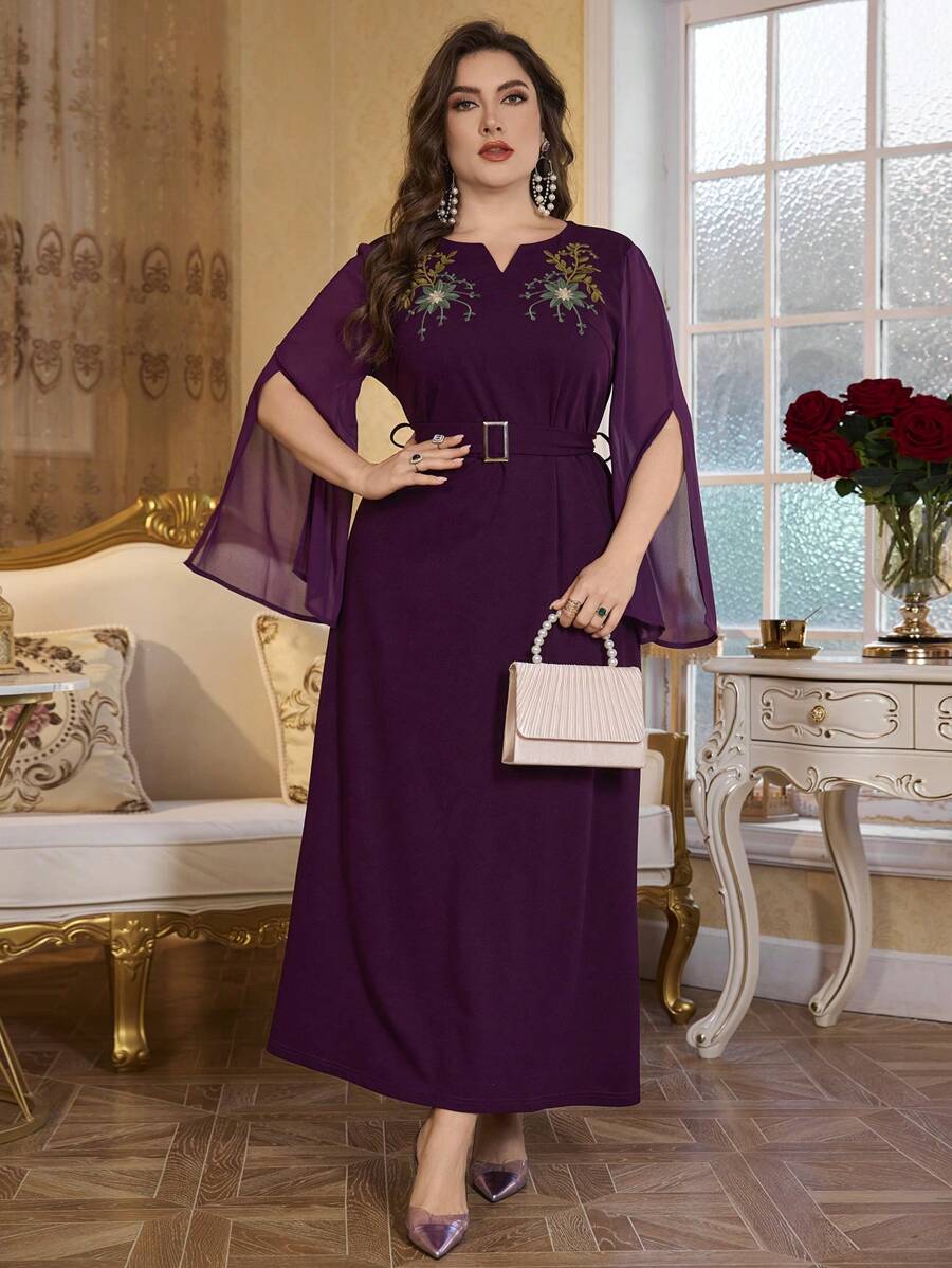 Modelyn Plus Size Chiffon & Knitted V-Neck Embroidered Straight Dress With Tie Waist, Elegant Long Dress - Purple - View 1