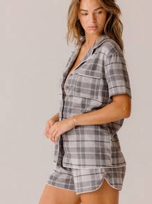 Aralina Cozy Classic Plaid Flannel Short-Sleeve Scallop Short Set With Scrunchie - Multicolor - View 6