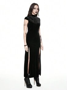 ROMWE Gothic Dark Vampire Spider Cutout High Slit Bodycon Dress - Black - View 5