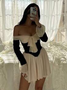 Chiquease Fashionable Sexy Alluring Color Block Off-Shoulder Dress Mini Short Women Outfit - Black - View 1