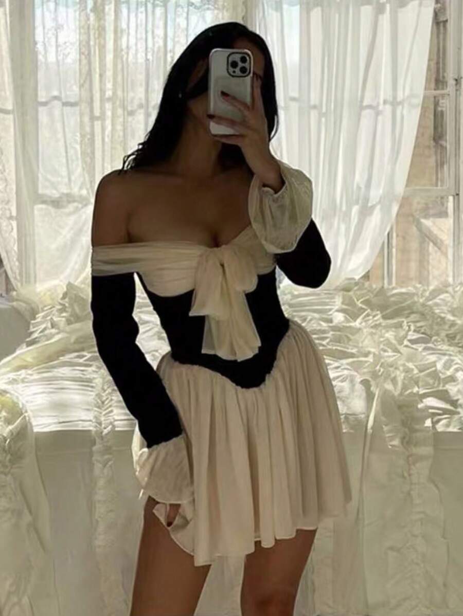 Chiquease Fashionable Sexy Alluring Color Block Off-Shoulder Dress Mini Short Women Outfit - Black - View 1