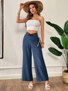 SHEIN Essnce 女士时尚牛仔效果 V 领不对称腰部设计宽松阔腿裤，夏季 - 藏蓝色 - 查看 6